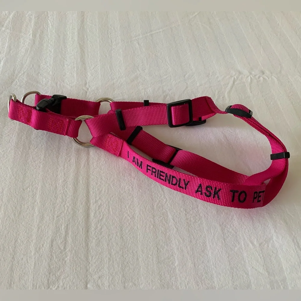 L.L.Bean Fuchsia Pink Adjustable Dog Harness I Am Friendly Ask to Pet Me